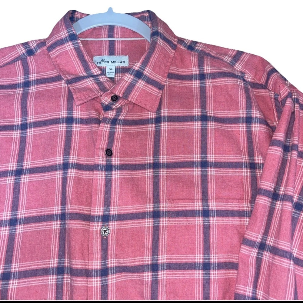 Peter Millar Men’s Pink and Blue Cotton Plaid Flannel Button Down Shirt - XL